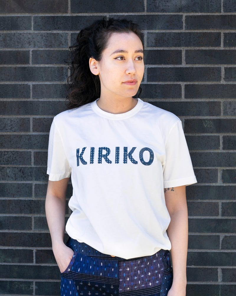 Kiriko Original Tee, 6oz Cotton, Printed Katazome, Semamori Embroidery, White with Navy