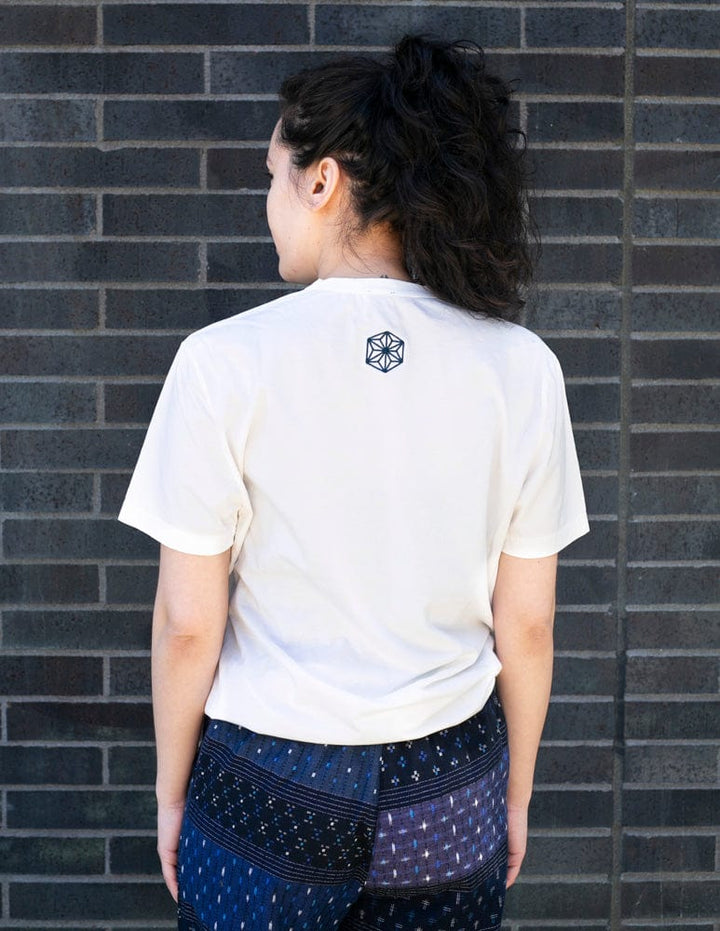 Kiriko Original Tee, 6oz Cotton, Printed Katazome, Semamori Embroidery, White with Navy