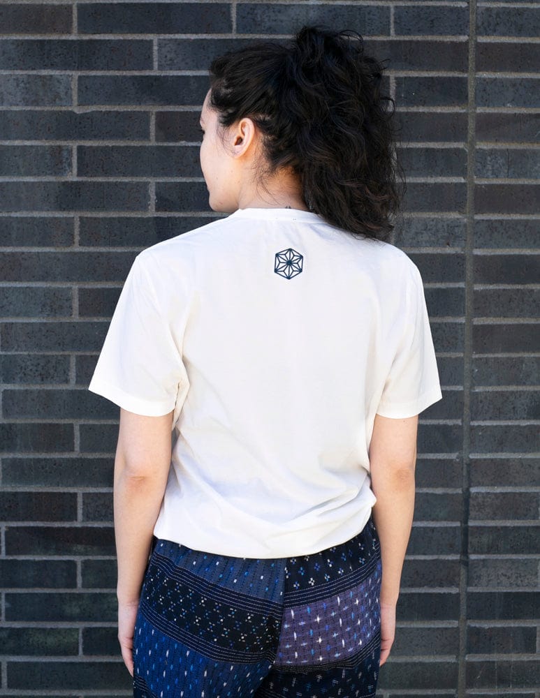 Kiriko Original Tee, 6oz Cotton, Printed Katazome, Semamori Embroidery, White with Navy