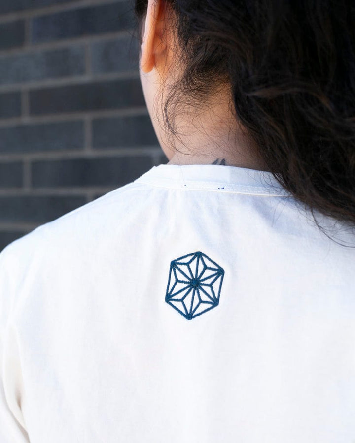 Kiriko Original Tee, 6oz Cotton, Printed Katazome, Semamori Embroidery, White with Navy