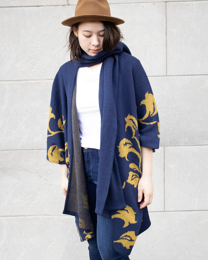 Wa-Modern Poncho with Scarf, Leaves, Navy and Yellow