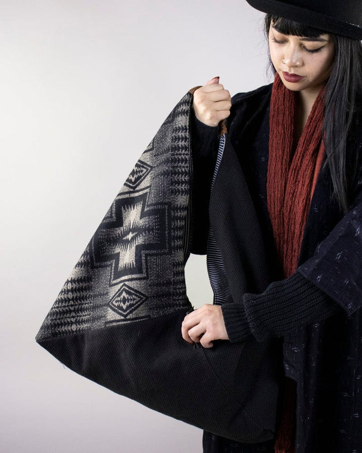 Kiriko Original Tsuno Tote, Sashi-Ori, Black with Black and Charcoal Wool Pendleton Fabric