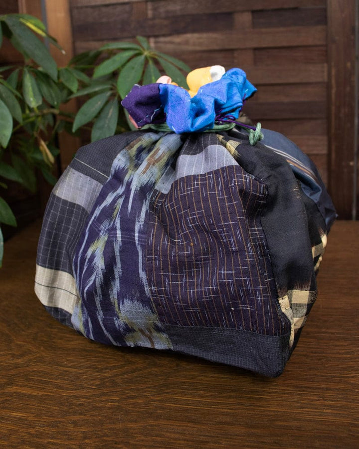 Vintage Bag, Kinchaku, Patchwork with Indigo and Purple Plaid, Stripes, and Kasuri