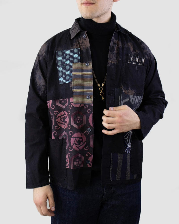 Kiriko Custom Patched Vintage French Workman Jacket, Vintage Kasuri, Shima and Plaid