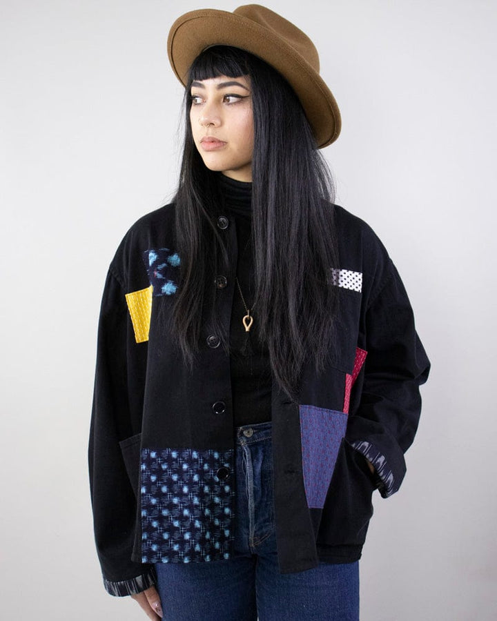 Kiriko Custom Patched Vintage French Workman Jacket, Vintage Kasuri and Sashiko