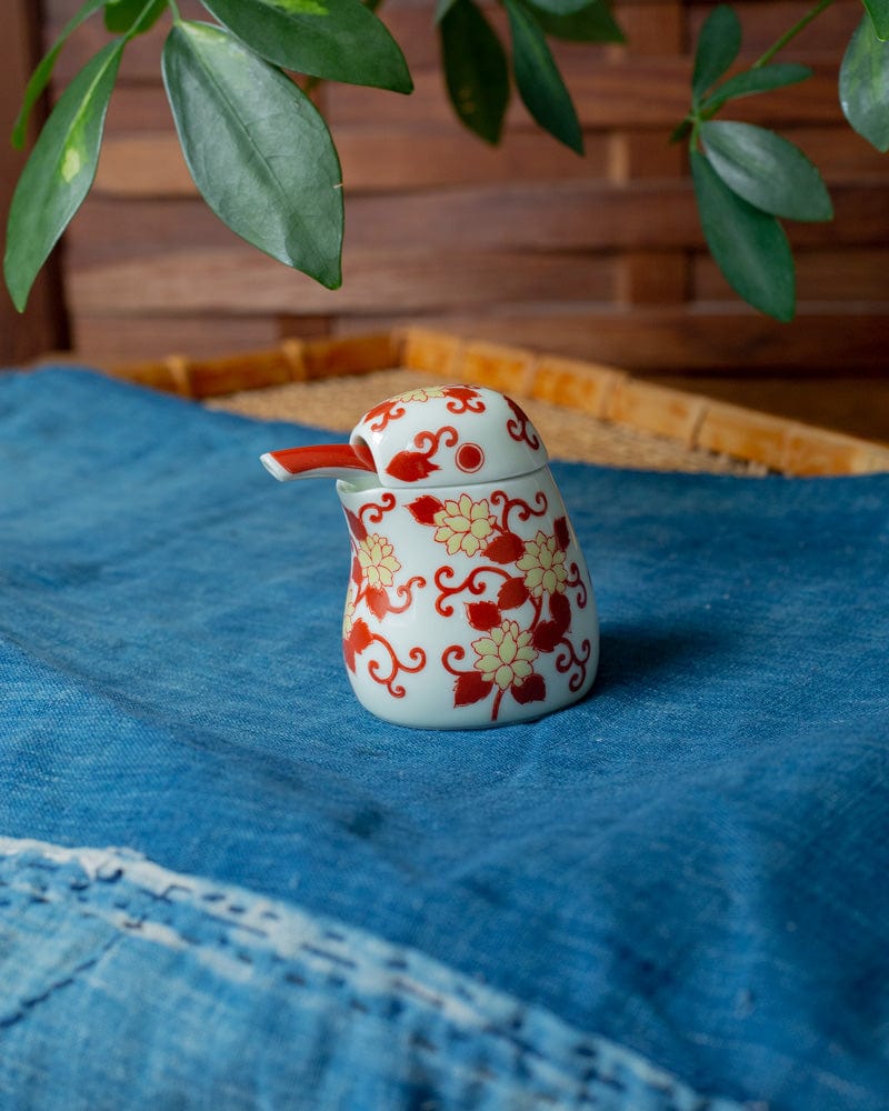 Kouraku Kiln Soy Sauce Dispenser, Small Red and Yellow Sometsuke Karakusa Kawasemi