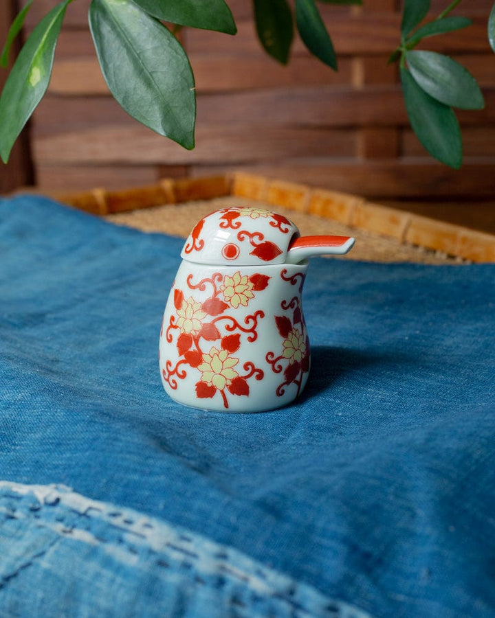 Kouraku Kiln Soy Sauce Dispenser, Small Red and Yellow Sometsuke Karakusa Kawasemi