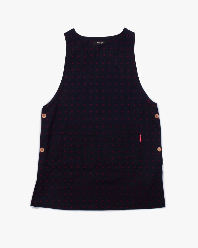 ToK Japanese Apron, Button Up Side, Indigo with Red 'X' Stitching