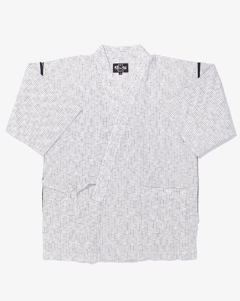 ToK Jinbei Set, Chijimi Weave, White with Faded Black Grid