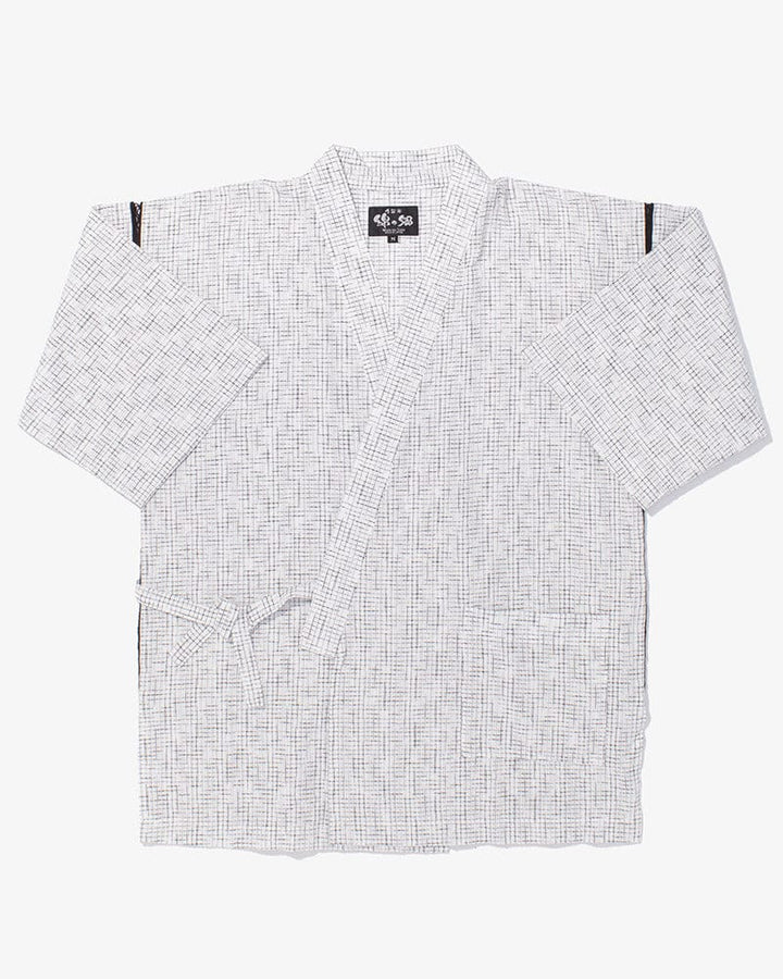 ToK Jinbei Set, Chijimi Weave, White with Faded Black Grid