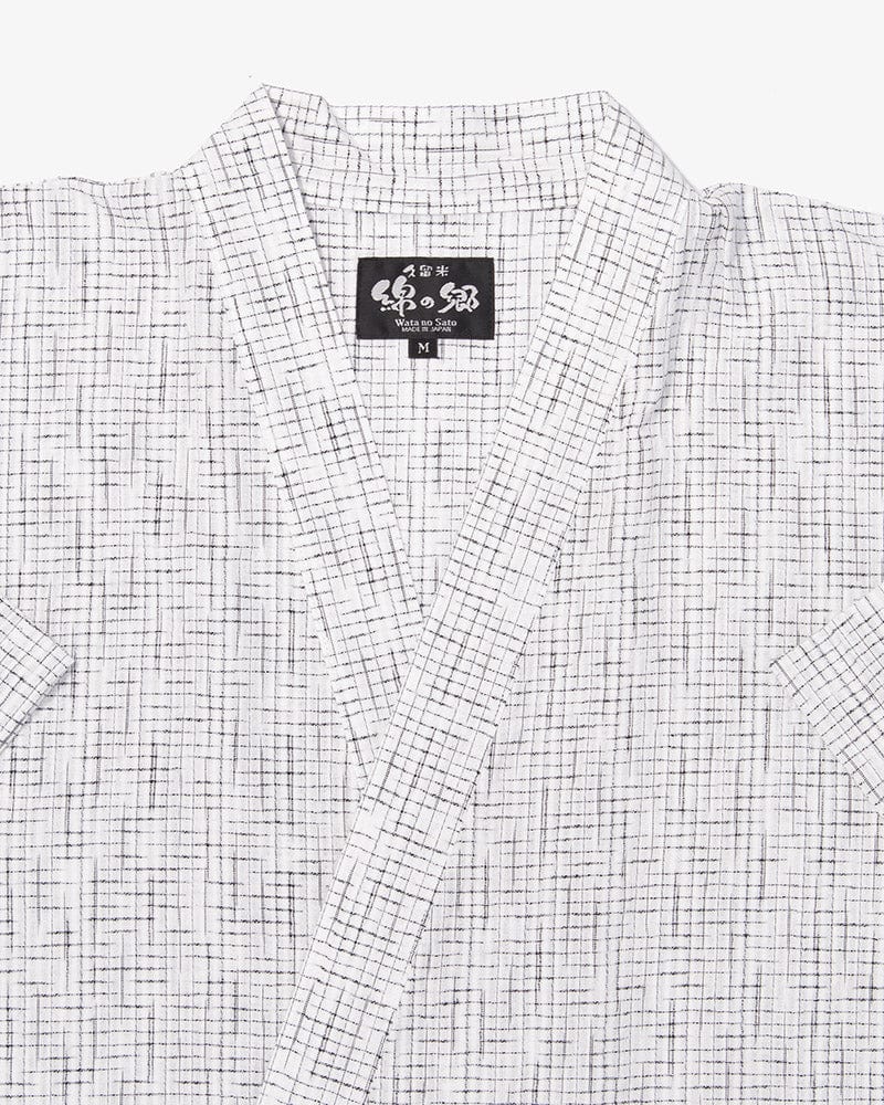 ToK Jinbei Set, Chijimi Weave, White with Faded Black Grid