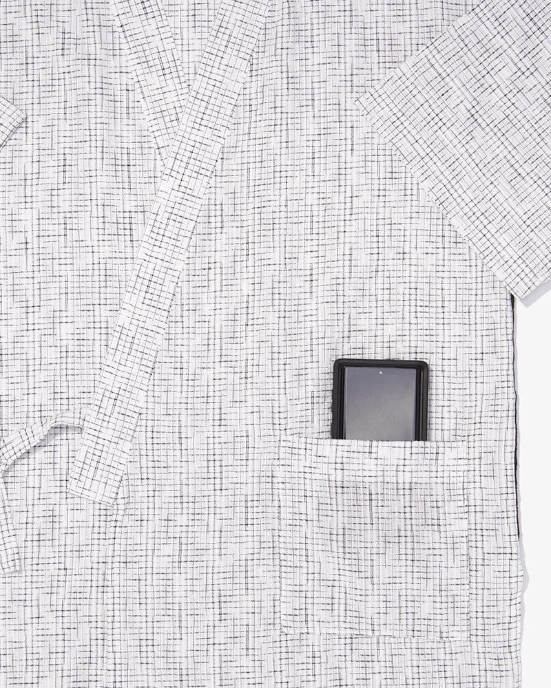 ToK Jinbei Set, Chijimi Weave, White with Faded Black Grid