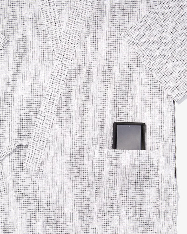ToK Jinbei Set, Chijimi Weave, White with Faded Black Grid