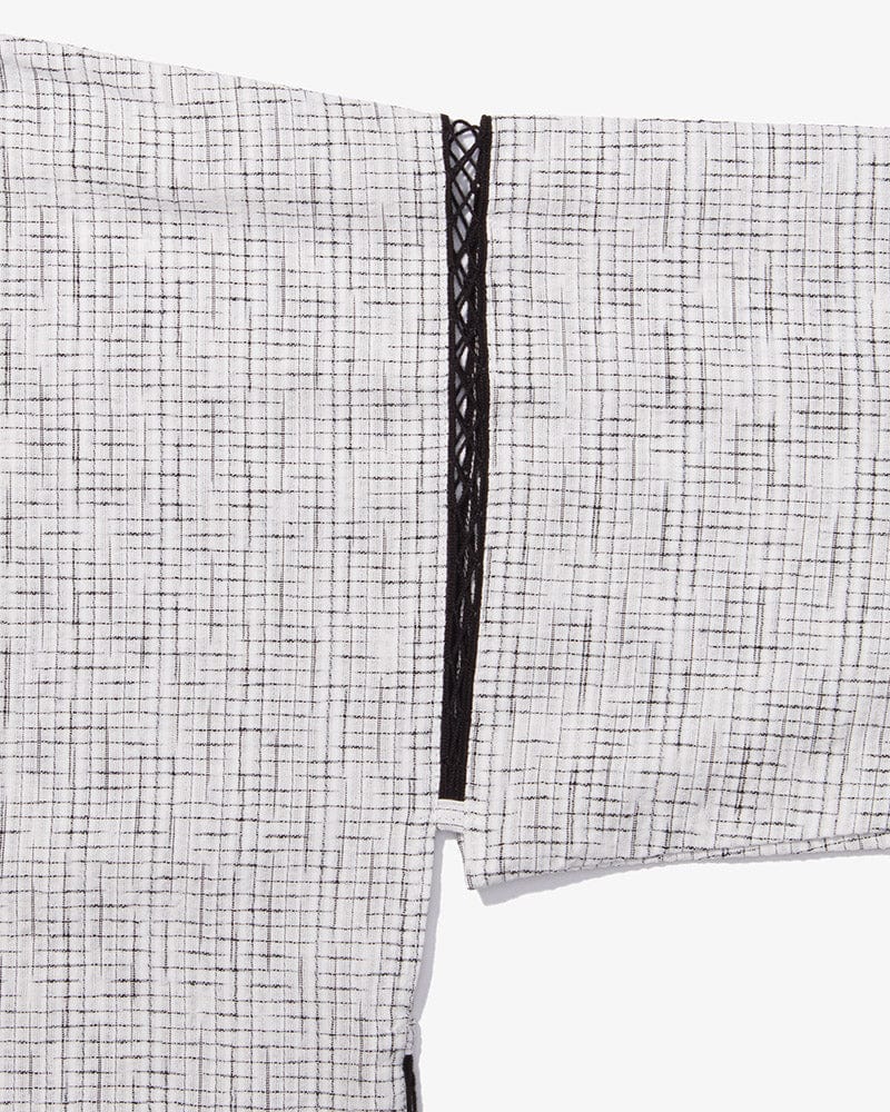 ToK Jinbei Set, Chijimi Weave, White with Faded Black Grid