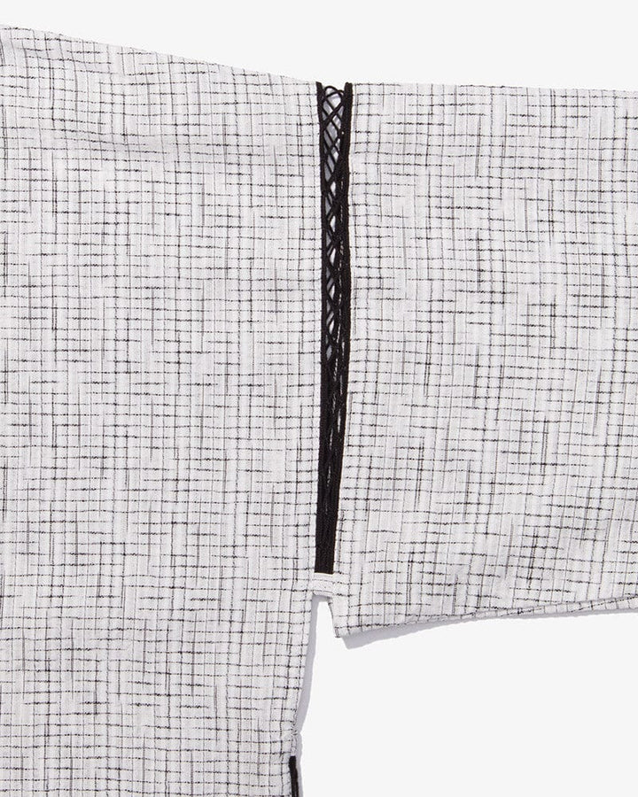 ToK Jinbei Set, Chijimi Weave, White with Faded Black Grid