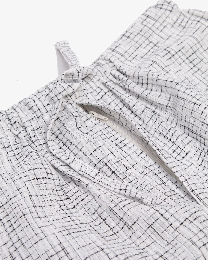 ToK Jinbei Set, Chijimi Weave, White with Faded Black Grid