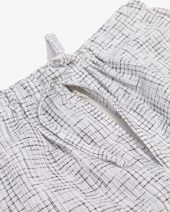 ToK Jinbei Set, Chijimi Weave, White with Faded Black Grid