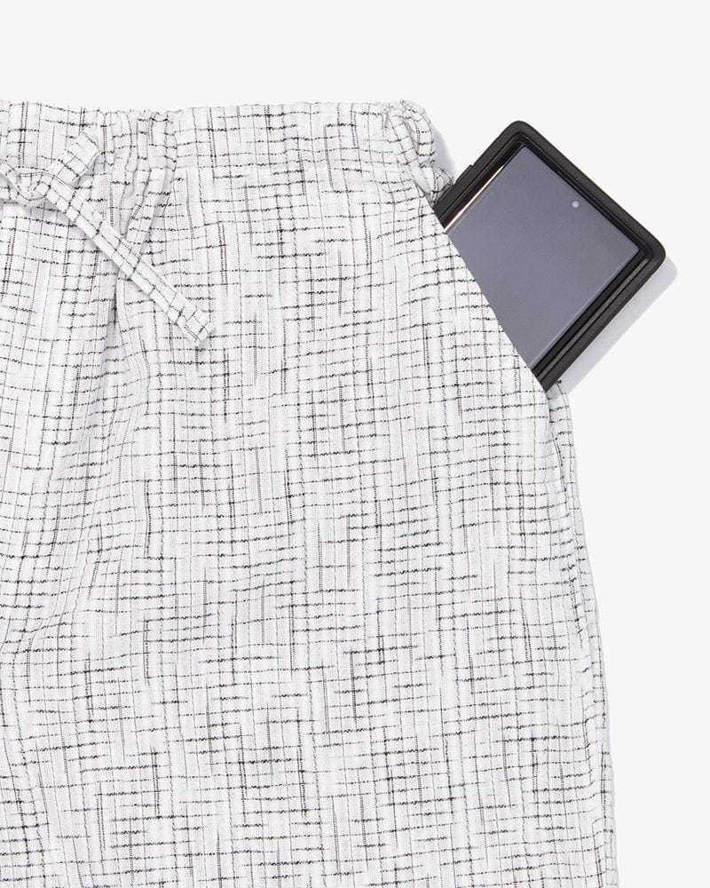 ToK Jinbei Set, Chijimi Weave, White with Faded Black Grid