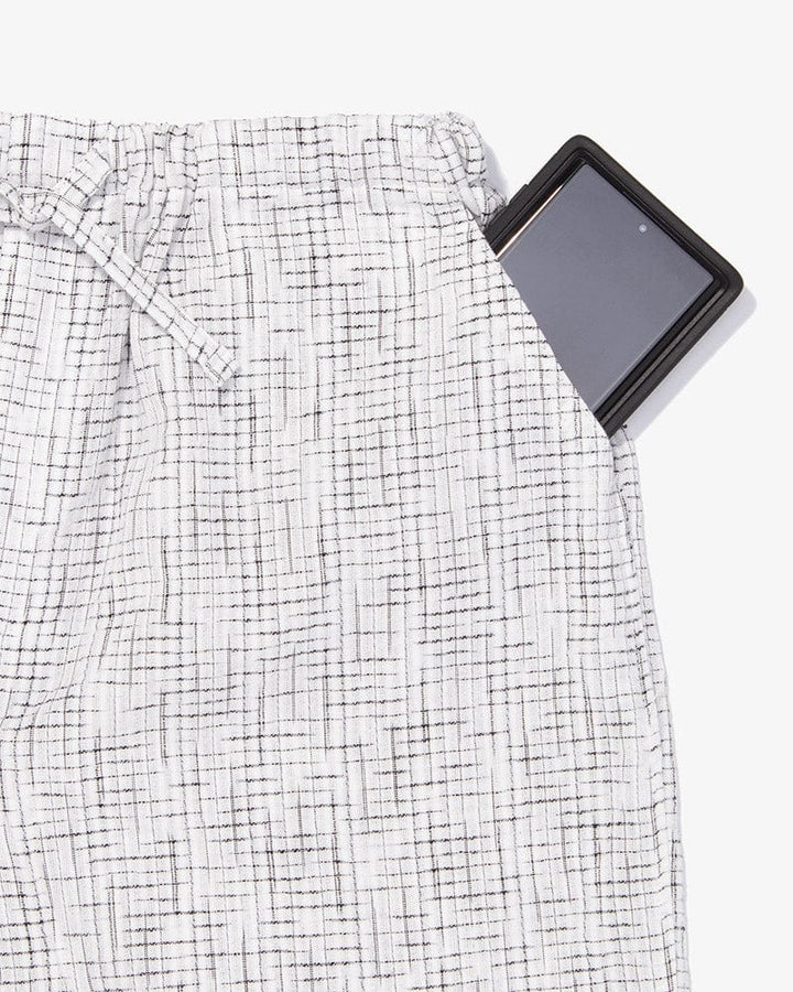 ToK Jinbei Set, Chijimi Weave, White with Faded Black Grid