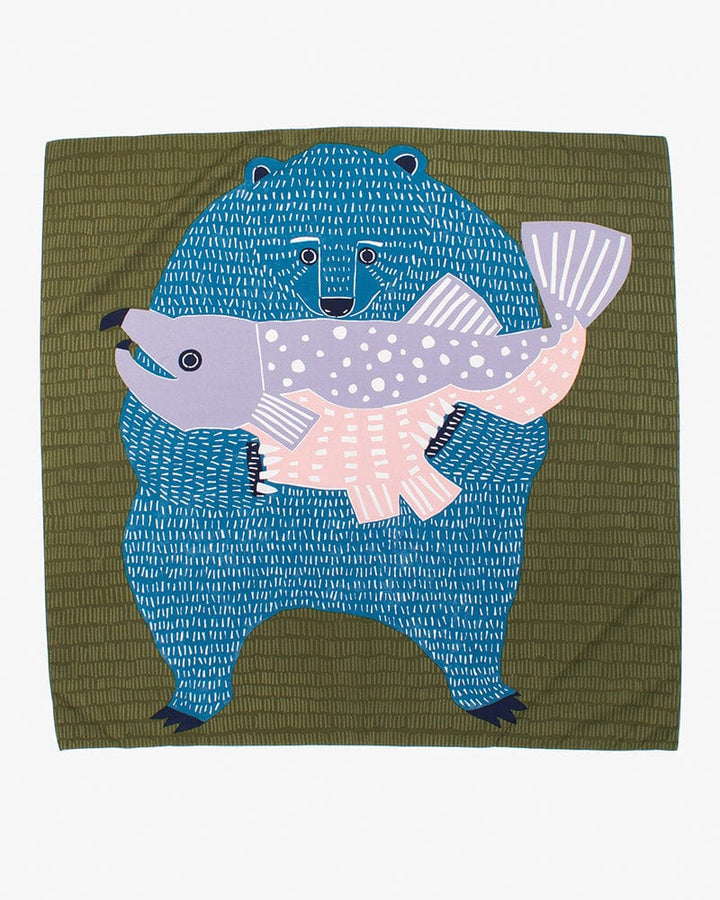 Modern Furoshiki, Musubi, Aquadrop, Water Repellent, Katakata, Bear and Salmon, Green - 39" x 39"