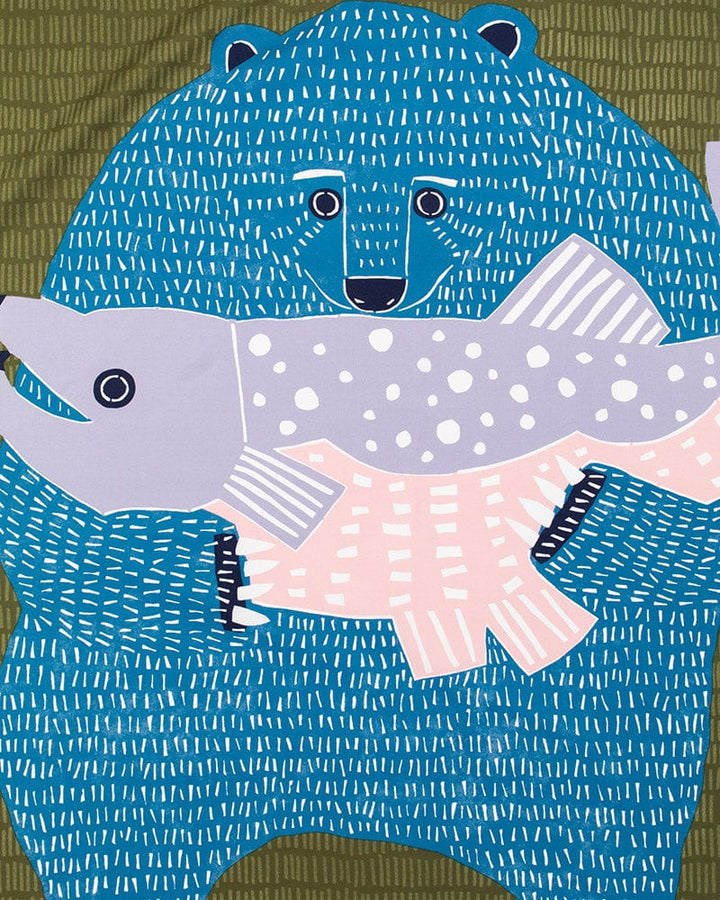 Modern Furoshiki, Musubi, Aquadrop, Water Repellent, Katakata, Bear and Salmon, Green - 39" x 39"