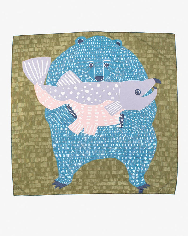 Modern Furoshiki, Musubi, Aquadrop, Water Repellent, Katakata, Bear and Salmon, Green - 39" x 39"