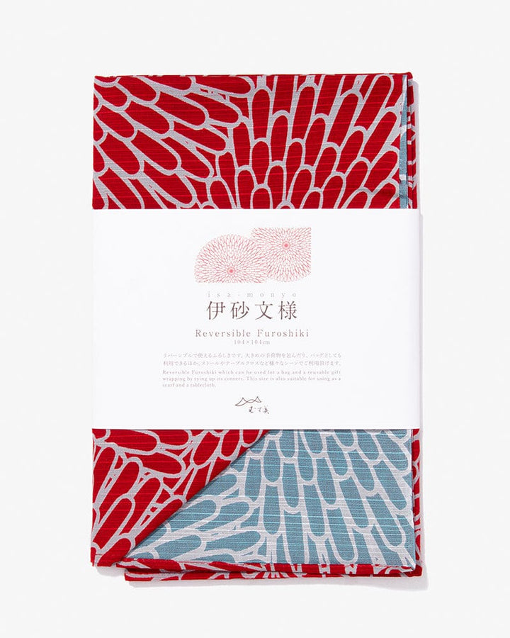 Modern Furoshiki, Musubi, Reversible, Isa Monyo, Kiku, Red and Sky Blue, 41" x 41"