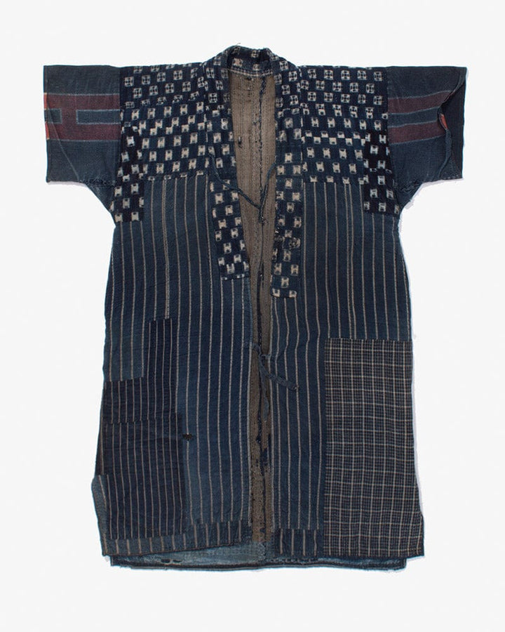 Vintage Noragi Jacket, Boro, Hand Sashiko Stitched, Patched, Shima and Kasuri Dots with Hikeshi Sleeves