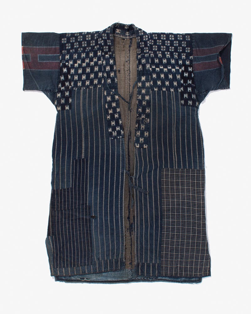 Vintage Noragi Jacket, Boro, Hand Sashiko Stitched, Patched, Shima and Kasuri Dots with Hikeshi Sleeves