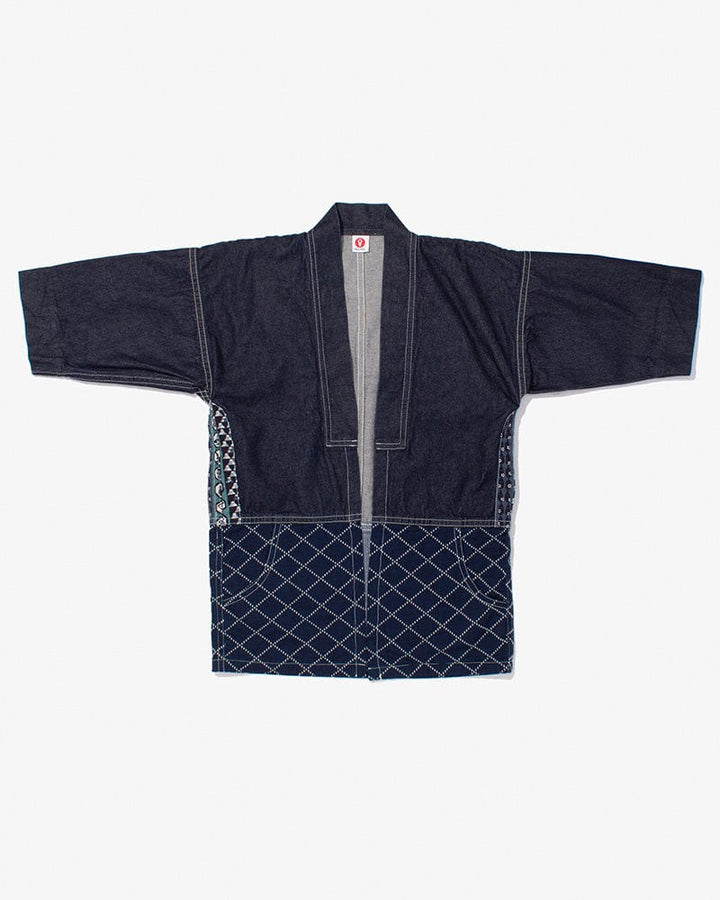 Modern Happi Jacket, Sashiko, Dark Indigo Denim with Multi-Color Asanoha