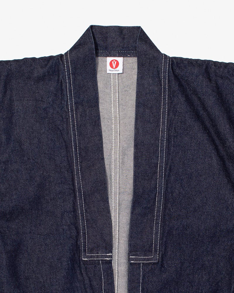 Modern Happi Jacket, Sashiko, Dark Indigo Denim with Multi-Color Asanoha