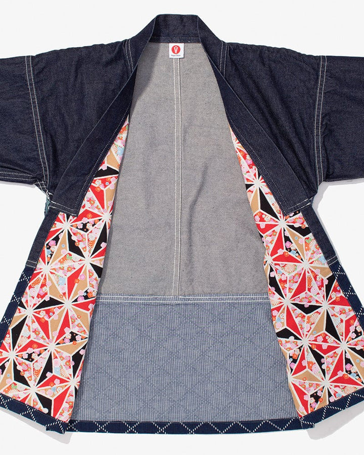 Modern Happi Jacket, Sashiko, Dark Indigo Denim with Multi-Color Asanoha