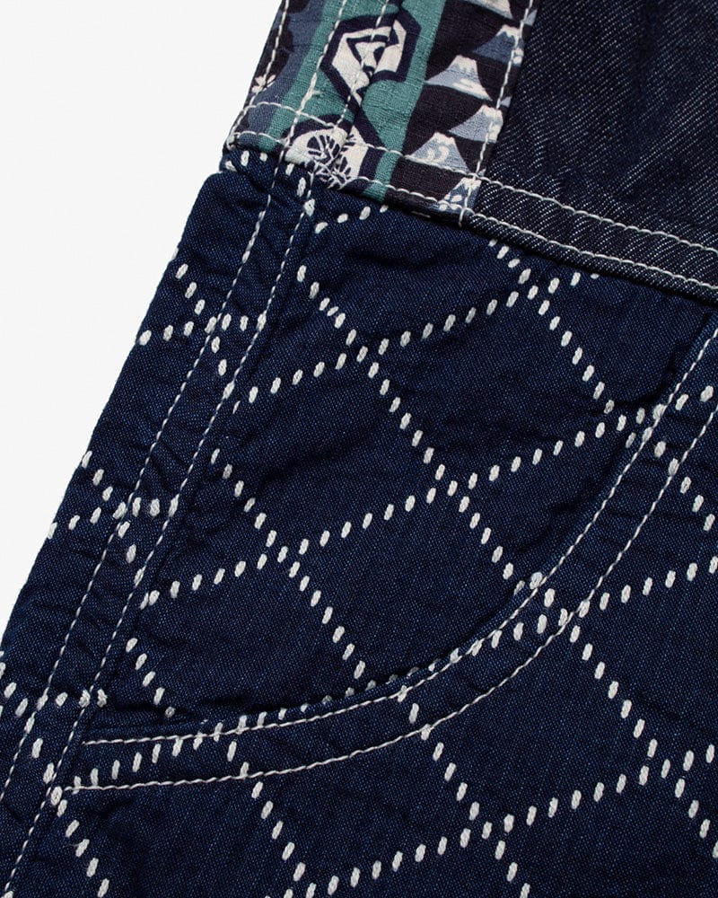 Modern Happi Jacket, Sashiko, Dark Indigo Denim with Multi-Color Asanoha
