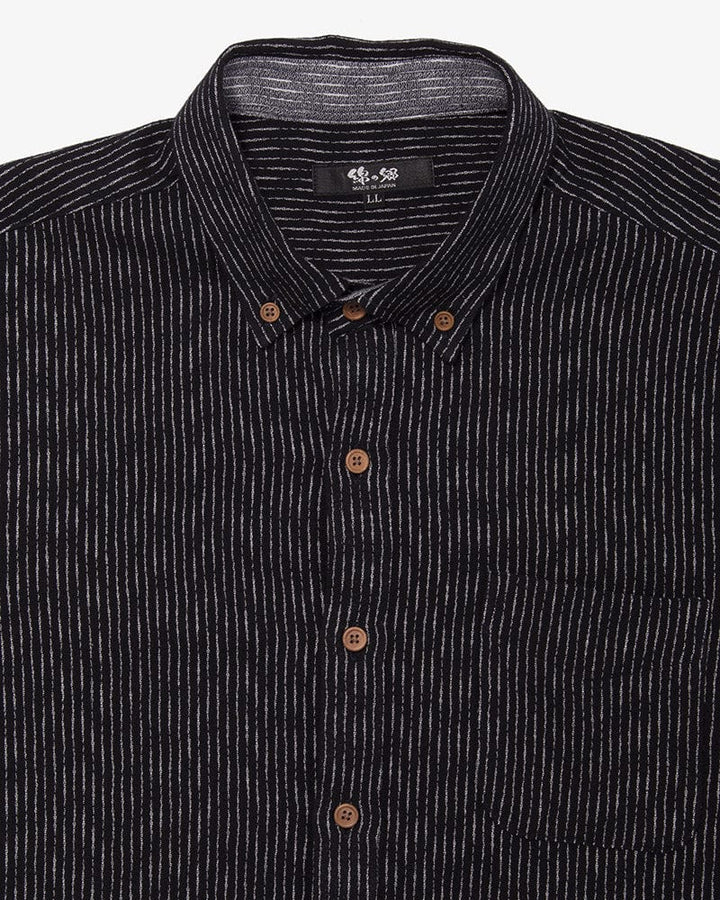 ToK Shirt, Short Sleeve Button-Up, Chijimi, Black Faded Shima