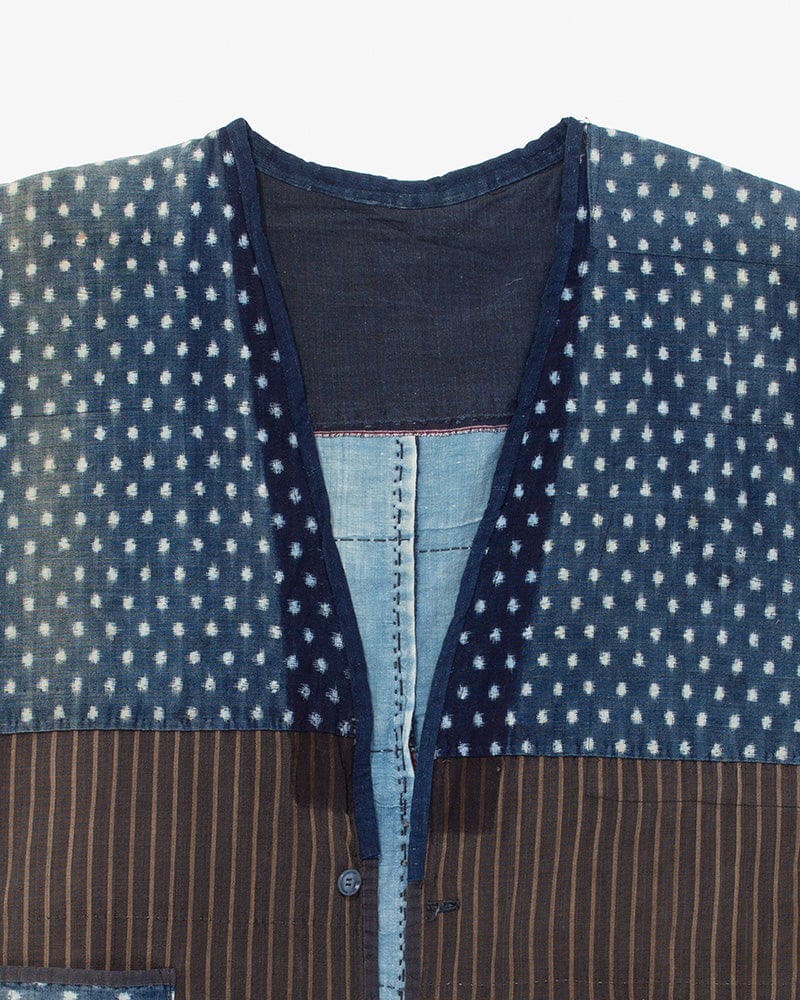 Vintage Noragi Vest, Reversible Boro, Buttoned Chest, Washed Indigo and White Kasuri Dots, Brown Shima