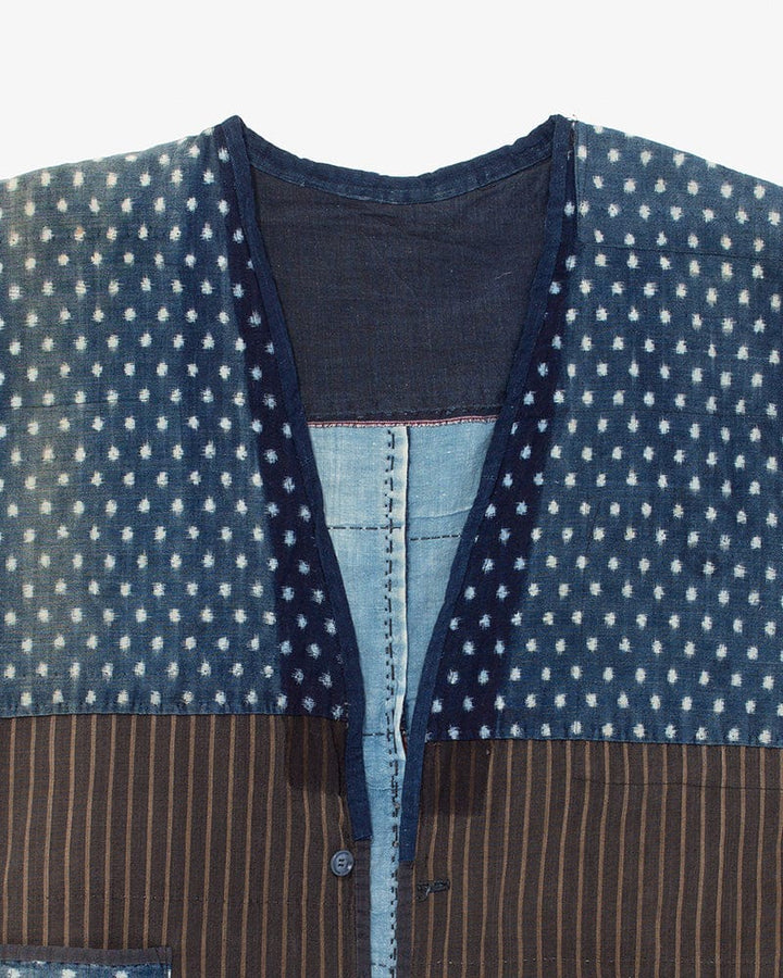 Vintage Noragi Vest, Reversible Boro, Buttoned Chest, Washed Indigo and White Kasuri Dots, Brown Shima