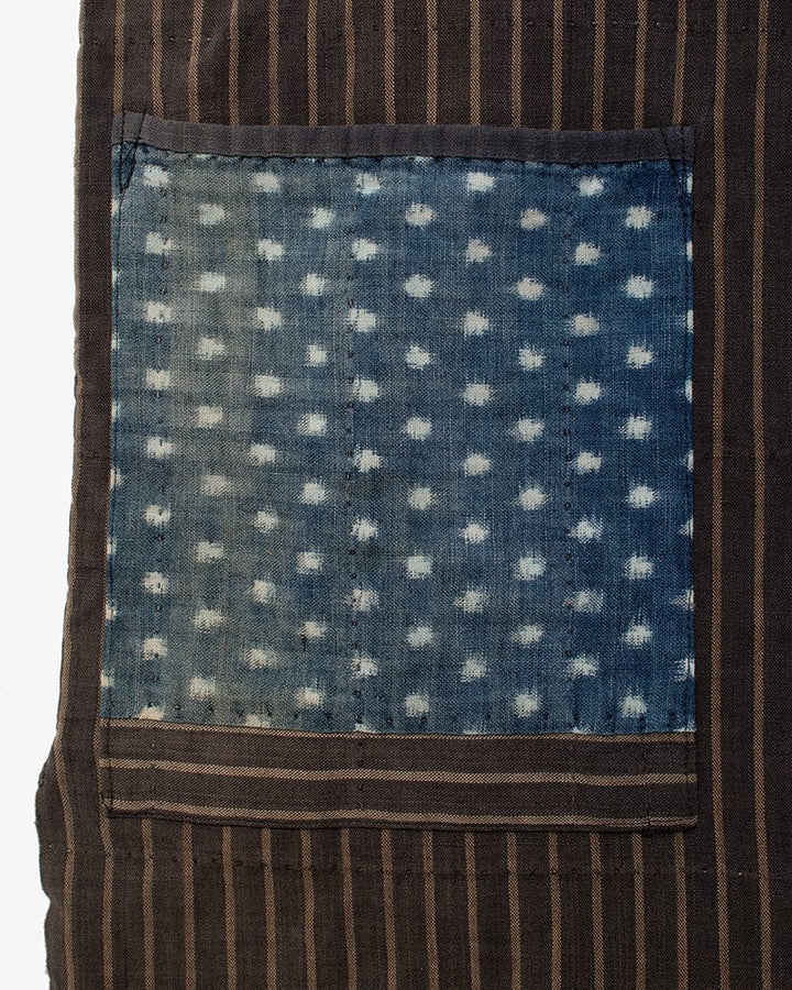Vintage Noragi Vest, Reversible Boro, Buttoned Chest, Washed Indigo and White Kasuri Dots, Brown Shima
