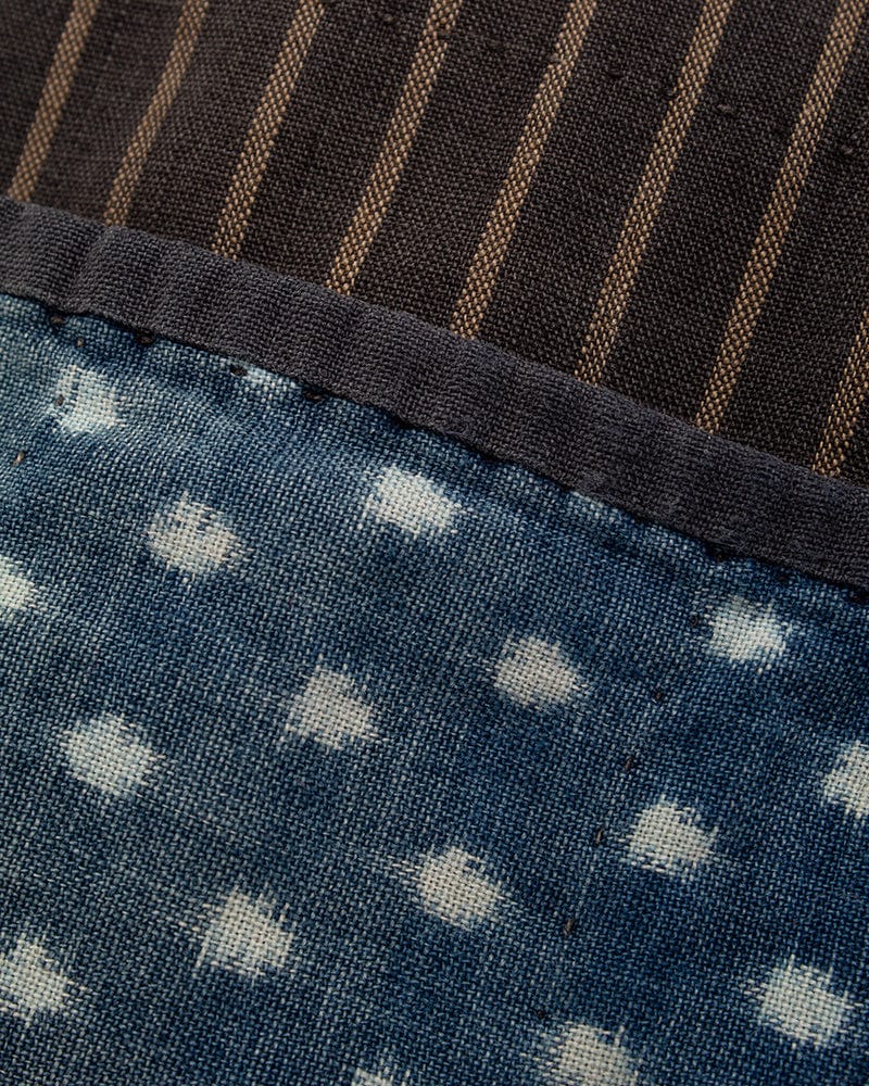 Vintage Noragi Vest, Reversible Boro, Buttoned Chest, Washed Indigo and White Kasuri Dots, Brown Shima
