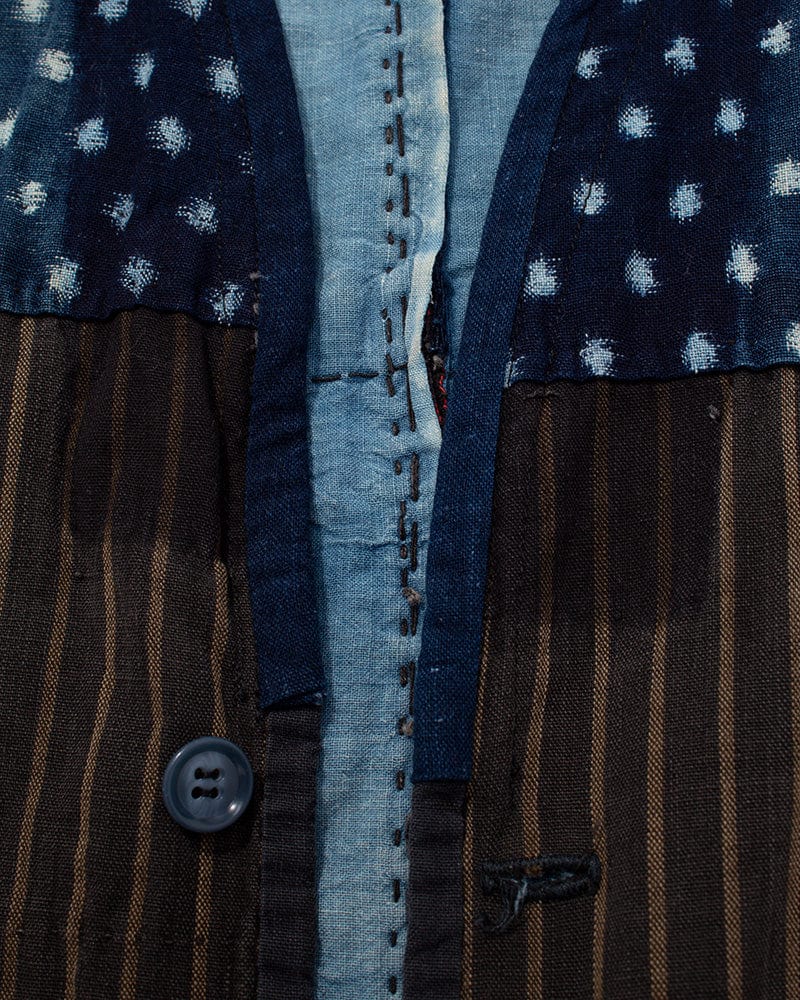 Vintage Noragi Vest, Reversible Boro, Buttoned Chest, Washed Indigo and White Kasuri Dots, Brown Shima