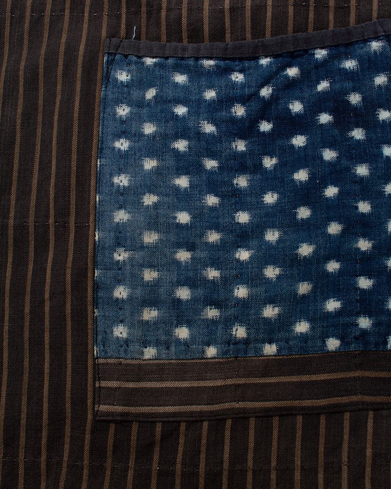 Vintage Noragi Vest, Reversible Boro, Buttoned Chest, Washed Indigo and White Kasuri Dots, Brown Shima