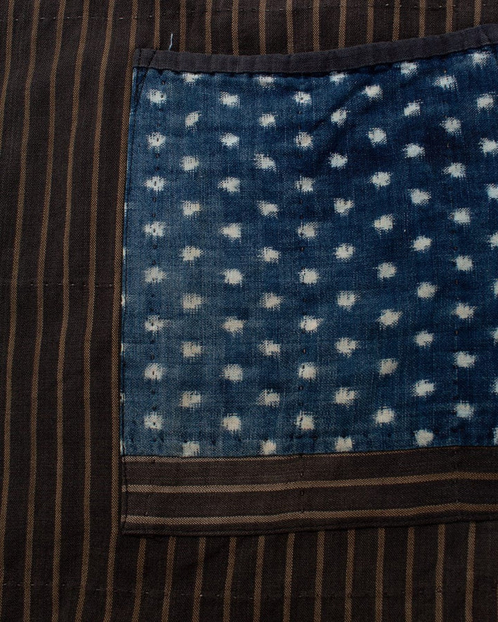 Vintage Noragi Vest, Reversible Boro, Buttoned Chest, Washed Indigo and White Kasuri Dots, Brown Shima