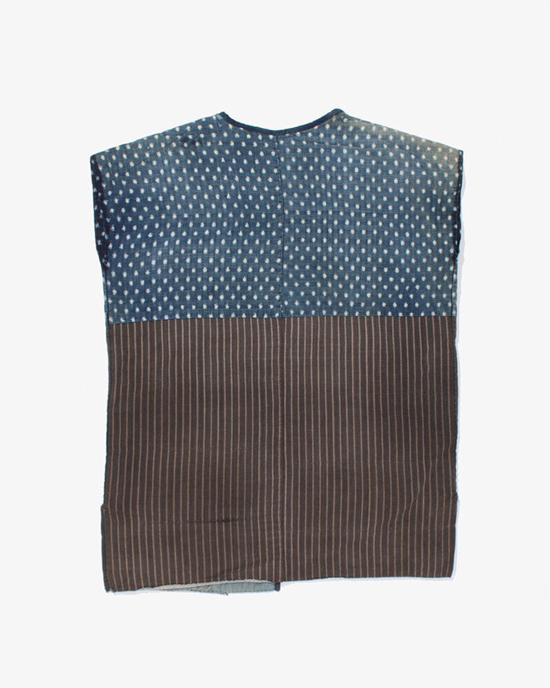 Vintage Noragi Vest, Reversible Boro, Buttoned Chest, Washed Indigo and White Kasuri Dots, Brown Shima