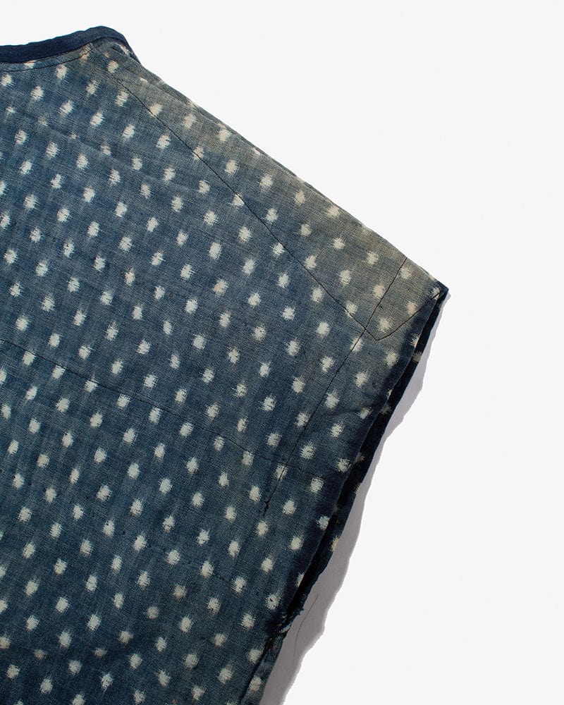 Vintage Noragi Vest, Reversible Boro, Buttoned Chest, Washed Indigo and White Kasuri Dots, Brown Shima