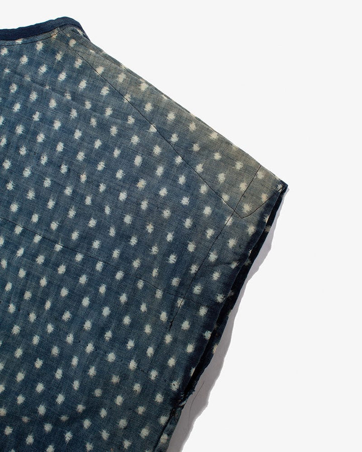 Vintage Noragi Vest, Reversible Boro, Buttoned Chest, Washed Indigo and White Kasuri Dots, Brown Shima