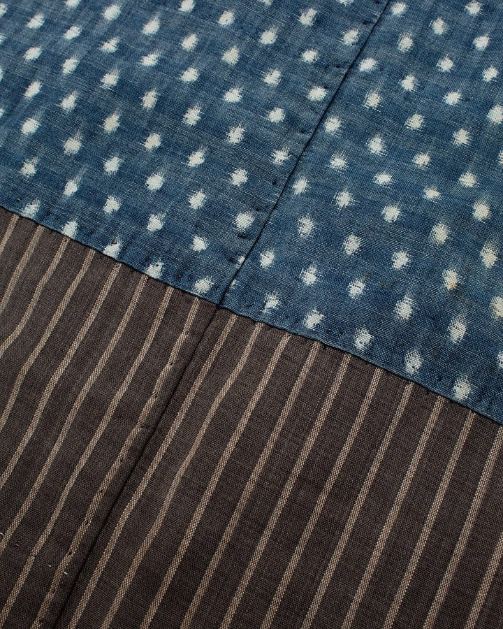 Vintage Noragi Vest, Reversible Boro, Buttoned Chest, Washed Indigo and White Kasuri Dots, Brown Shima