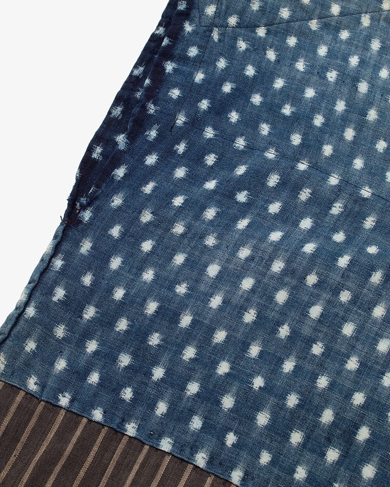 Vintage Noragi Vest, Reversible Boro, Buttoned Chest, Washed Indigo and White Kasuri Dots, Brown Shima