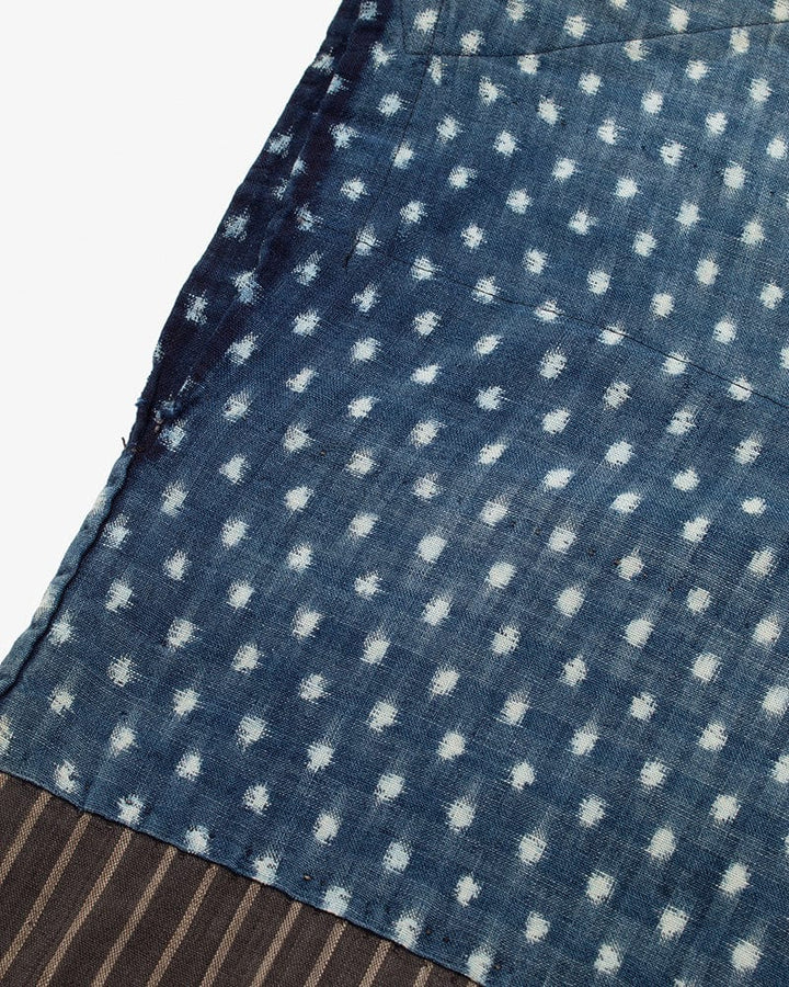 Vintage Noragi Vest, Reversible Boro, Buttoned Chest, Washed Indigo and White Kasuri Dots, Brown Shima