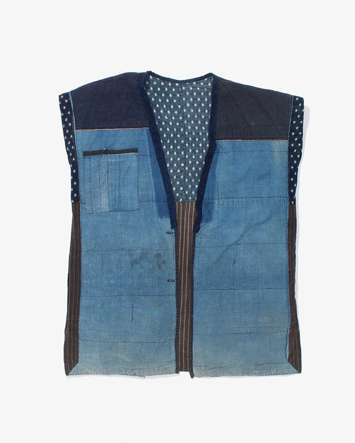 Vintage Noragi Vest, Reversible Boro, Buttoned Chest, Washed Indigo and White Kasuri Dots, Brown Shima