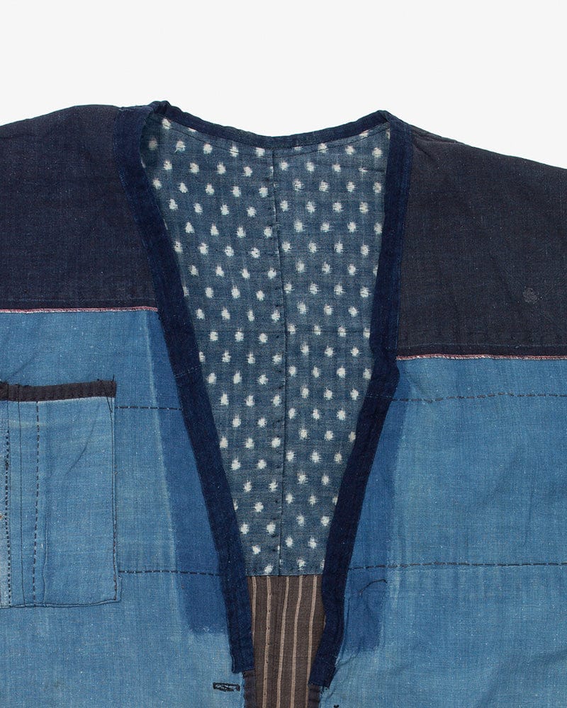 Vintage Noragi Vest, Reversible Boro, Buttoned Chest, Washed Indigo and White Kasuri Dots, Brown Shima