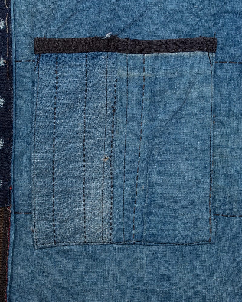 Vintage Noragi Vest, Reversible Boro, Buttoned Chest, Washed Indigo and White Kasuri Dots, Brown Shima